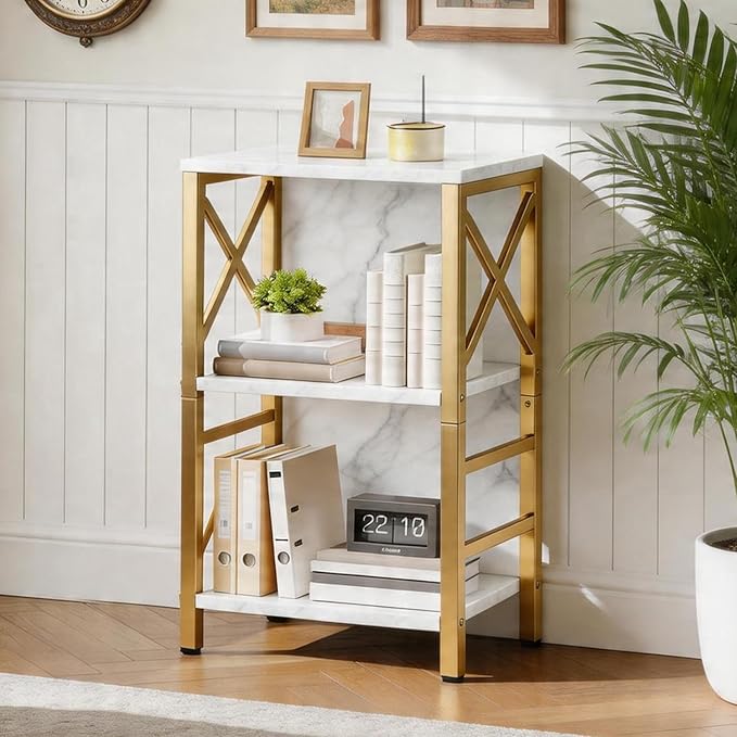 MNEETRUNG Small Bookshelf,3 Tier Industrial Bookcase with Metal Frame and Backboard,Low White and Gold Book Shelf,Book case for Small Spaces,Living Room,Bedroom and Home Office