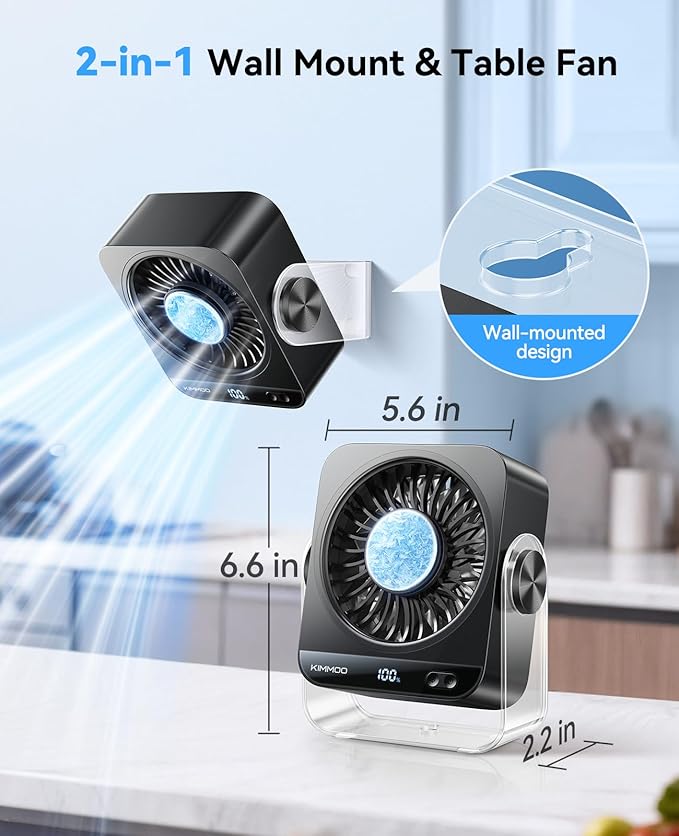 KIMMOO USB Desk Fan for Bedroom, 199 Speeds Turbo Airflow, Portable Fan with Ice Cooling, Digital Display Quiet Table Fan, 270° Rotating Small Rechargeable Battery Desktop Fans for Home Office (Black)
