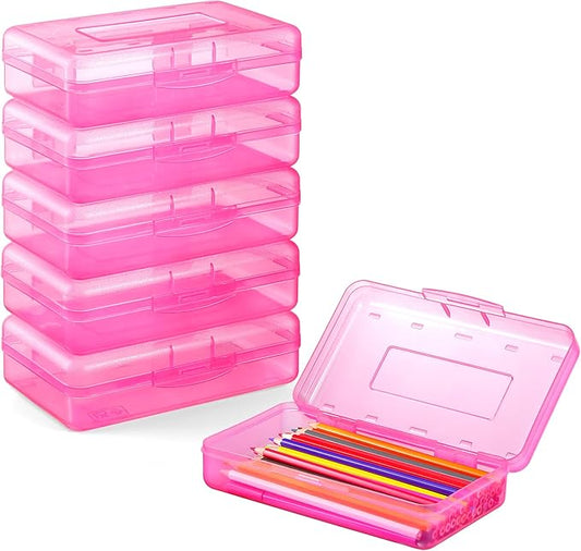 6 Pack Pencil Box, Sooez School Box, Hard Pencil Boxes for School Supplies Bulk, Large Plastic Pencil Case with Lid, Clear Pencil Container, Stackable School Box Crayon Boxes Bulk for Kids, Pink