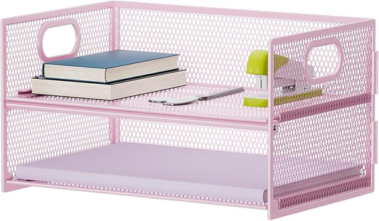 Marbrasse 2 Tier Paper Organizer Letter Tray, Mesh File Organizer with Handle, Paper Sorter Desk Organizer for Home Office Supplies - Pink