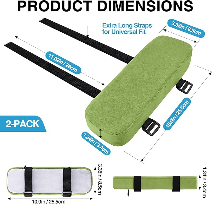 Smiry Ergonomic Office Chair Armrest Pads, Memory Foam Arm Rest Covers, Non-Slip Armrest Cushion with Adjustable Buckles and Straps, Elbow Relief for Desk, Gaming & Wheelchair (Green, Set of 2)