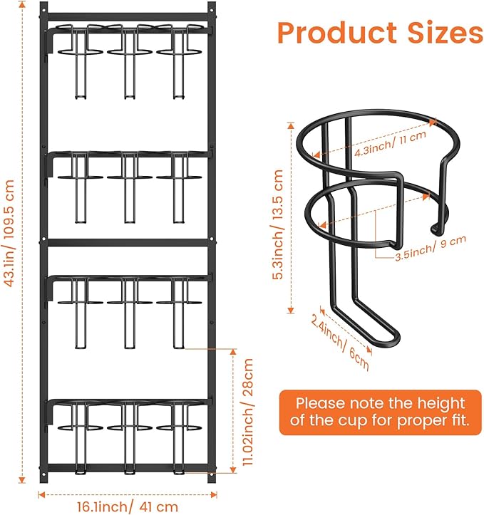 Housolution Water Bottle Organizer, 4 Tier Heavy Duty Metal Tumbler Storage Organizer for 10 to 40 oz Cups, Wall/Door Mounted Hanging Cup Holder Rack Compatible with Stanley and Other Brands