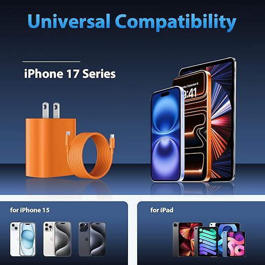 iPhone 17 16 15 Charger Fast Charging Type C Chargers USBC Fast Charger Block& iPhone 17 Charger Cord 10FT Long USB C Charging Cable for Phone 17/17 Pro/17Pro Max/Air/Phone 16 15 Pro Max,Cosmic Orange