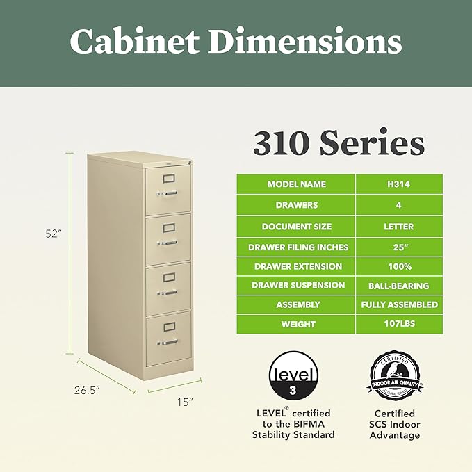 HON 4 Drawer Vertical File Cabinet with Lock, Metal Filing Cabinets with 4 Drawers for Hanging Files and Letter Files, 26.5" Deep, Putty