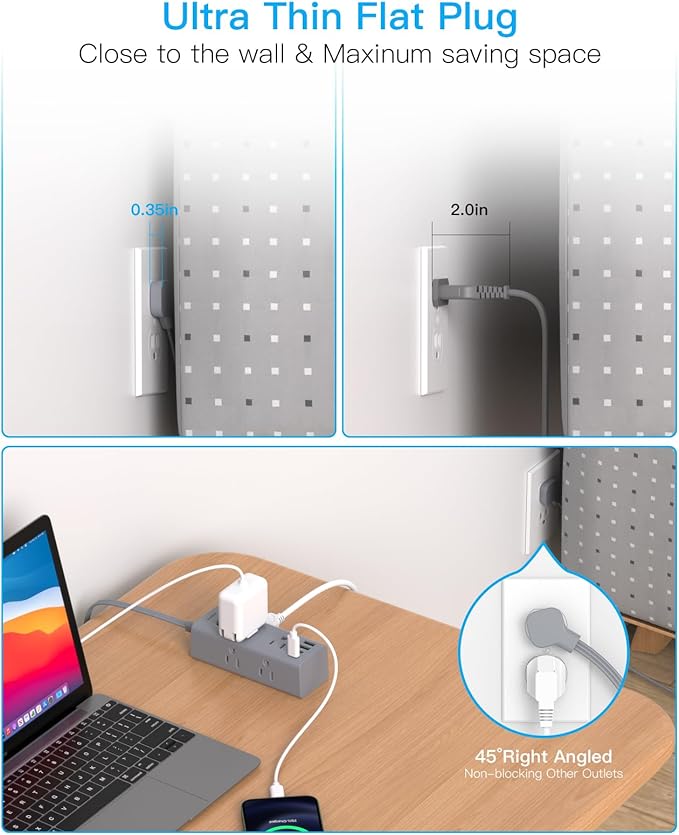 5Ft Extension Cord with Multiple Outlets, Flat Plug Power Strip Surge Protector with 5 Ft Long Cord, 6 Outlet 4 USB Ports (2 USB C), Multi Outlet Wall Plug for College, Dorm Room Essentials(Grey)