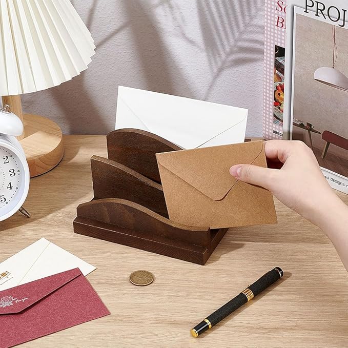 CUTHOLLOW Desk Mail Organizer Sorter, Wooden Mail Holder with 3-Slot Letter Tray for Envelopes, Bills, and Files, Countertop Desktop Organizer for Home Office (6.3"L × 6.3"W × 4.29"H)