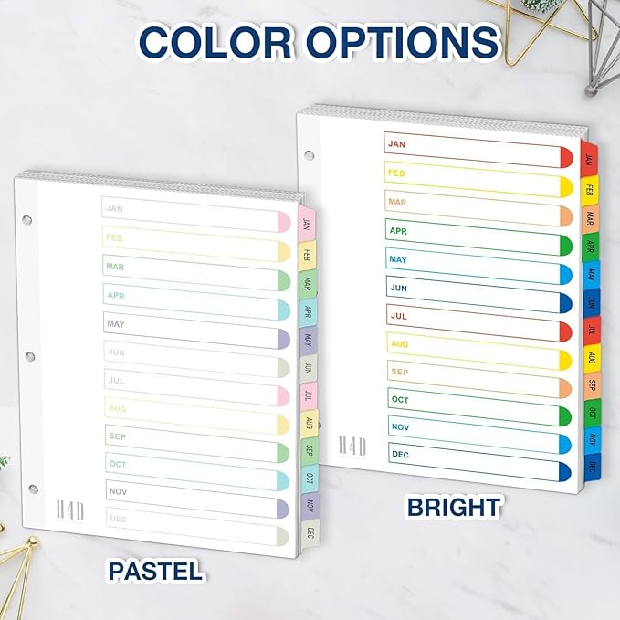H4D Monthly Binder Dividers for 3-Ring Binder, Jan-Dec 12 Tab Dividers with Customizable Table of Contents, Multicolor Tabs, Reinforced Holes, Letter Size, Pastel, 2 Sets