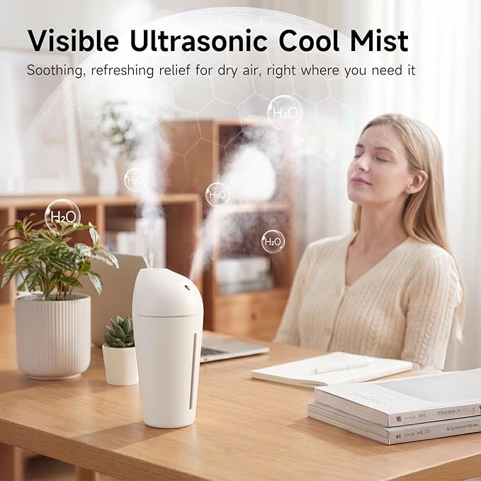 Battery Operated Portable Humidifier (Dual Nozzles)- Small Air Humidifiers for Bedroom, Plants, Office, Travel, Car, Cool Mist Humidifiers, 4 Mist Settings, Warm Night Light, Auto Shut-Off