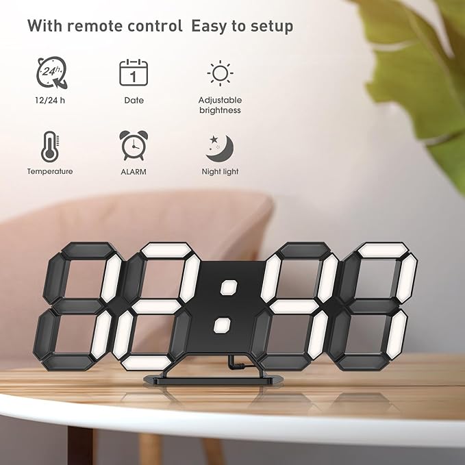 3D LED Clock Desk Alarm Clock Wall Clock with Remote Control, 9.7" LED Electronic Clocks, Snooze Model, Temperature, Night Light Auto/Custom Brightness