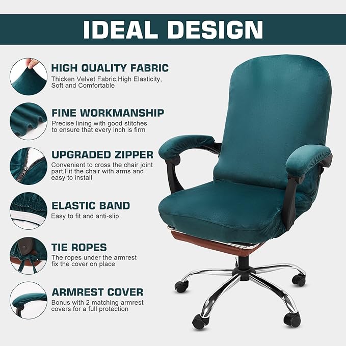 NeColorLife Velvet Office Chair Cover with Armrest Covers - Stretchable High Back Desk Computer Chair Slipcover for Large Rotating Boss Chairs (Large,Lake Blue)