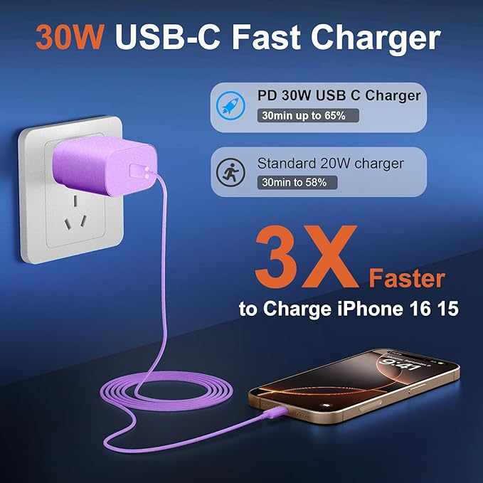 iPhone 16 15 17 Pro Max Charger 30W Type C Chargers USB C Fast Charger Block iPhone 16 Chargers Fast Charging with 10FT C Charging Cable for iPhone 17/17 Pro Max/16/16 Pro Max/15/15 Pro/iPad/Samsung