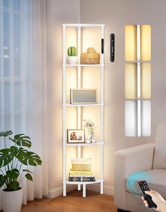 5-Tier Corner Bookshelf with LED Lights, Touch & Remote Control, 3 Color Temperatures, Dimmable Narrow Display Shelf with 1-Hour Timer for Living Room, Bedroom, Office(White)