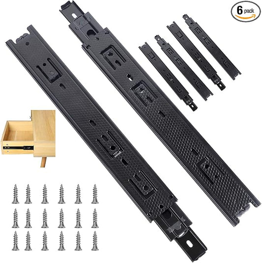 KINJOEK 6 PCS 14 Inch Full Extension Ball Bearing Drawer Slides Heavy Duty Side Mount Cabinet Rails Tool Box, Keyboard Glides Rails Rack, Black
