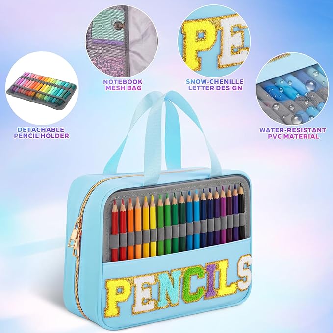 Hillban 108 Slots Large Colored Pencil Case with Chenille Letter Patch Extra Large Capacity Interlayer Pencil Holder Organizer with Handle Zipper Portable Storage Bag Graduation Gift for Artist(Blue)