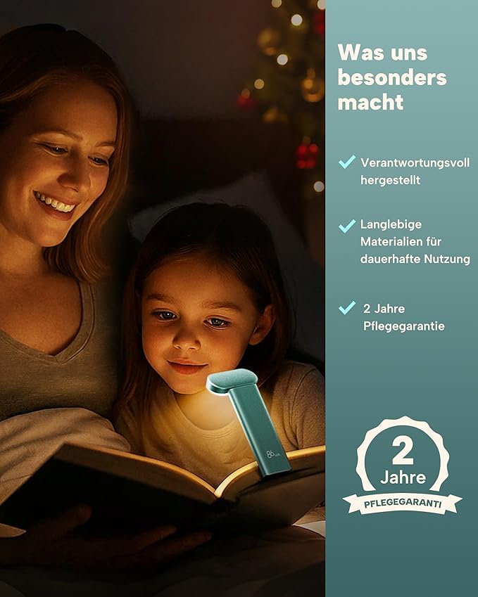 86lux Book Light, Reading Light for Book in Bed, USB Rechargeable LED Night Light with 3 Colors & Stepless Dimming, Aluminum Alloy Bookmark Light for Book Lovers, Aqua