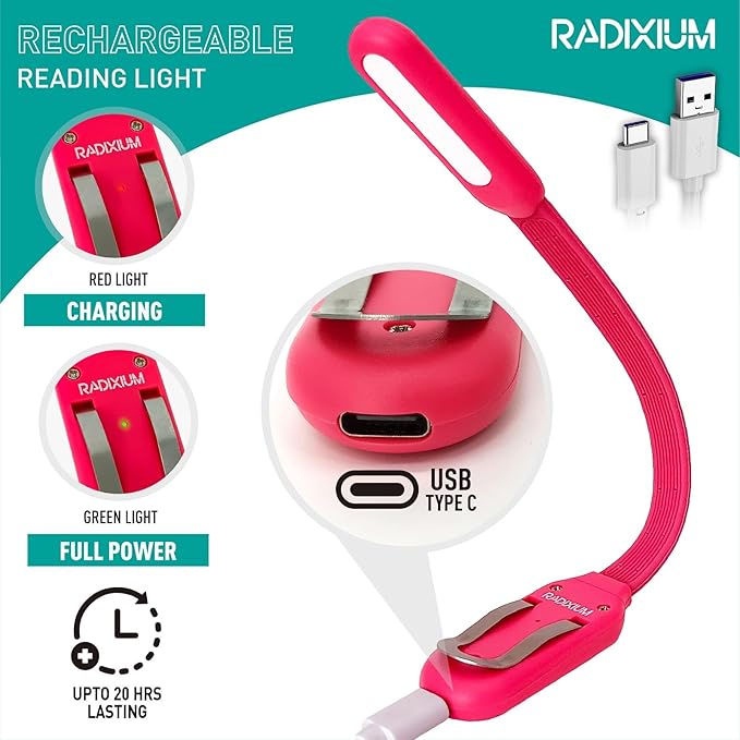 Slim Rechargeable Book Reading Light, Eye Caring LED with 4 Color Temperatures, Portable Clip on Book Light for Reading in Bed & Travelling. Prefect Elegant White Gift for Book Lover.(Pink)