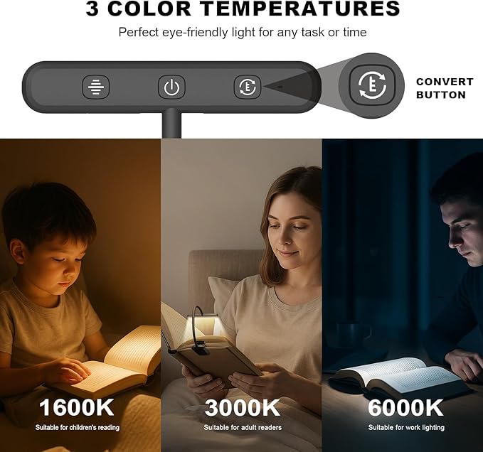 Rechargeable Book Lights for Reading at Night 25 LED - Eye Caring 15 Level Stepless Dimming, Extended 90Hrs Runtime, Lightweight Clip on Light, Gifts for Book Lovers, Black