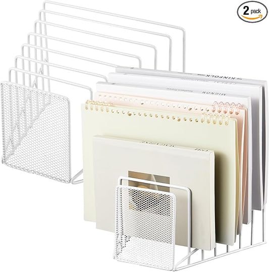 2 Pcs 7 Section Wire File Organizer for Desk, Metal Mesh Incline File Holder, Letter & Magazine Folder Rack, Desktop Paper Sorter for Home Office School (White)
