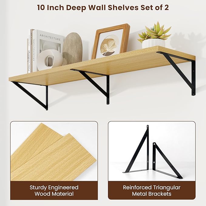 Axeman Deep Floating Shelves | 40 Inch Oak Wall Shelves Set of 2 | 10 Inch Deep Rustic Wood Shelves for Wall | 40'' W x 10''D Oak Shelves for Living Room Bathroom Kitchen