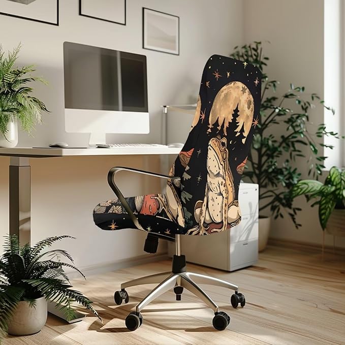 Talayituse Frog Mushroom Moon Star Print Office Chair Cover, Universal Removable Desk Chair Cover Washable Anti-Dust Stretch Computer Chair Slipcovers, L