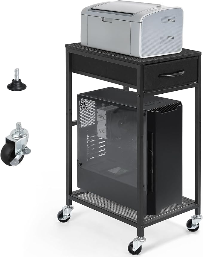 YBING PC Stand 2 Tier Computer Tower Stand with Drawer Mobile Computer Cart with Storage Metal CPU Holder on Wheels Pc Tower Stand Black Rolling Computer Tower Stand Floor for Office