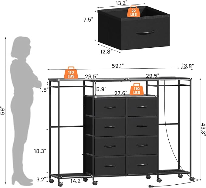 59.1" W Dresser for Bedroom with Hanging Rack, 8 Drawer Dresser with LED Lights & Charging Station, Fabric Dressers with Portable Wheels,Metal Frame, Wooden Top (Black)