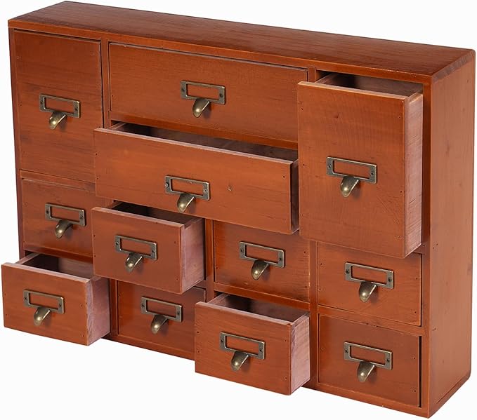 Vintage Desktop Apothecary Cabinet with 12 Drawers,Wood Desktop Organizers Stackable Drawers Desktop Chest Drawer for Herb Storage,Tea Collection,Stationery (12 Drawers,Brown)
