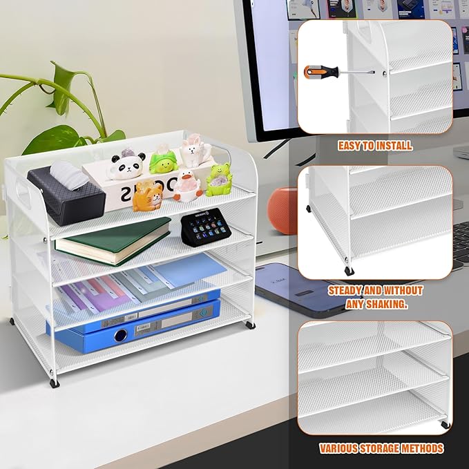 4-Tier Paper Letter Tray Organizer, Mesh Desk Accessories & Workspace Organizers with Handle, File Sorter Office Supplies for Desk,White