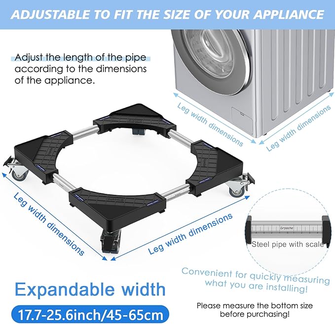 Mini Fridge Stand with 4 Locking Twin Wheels Washing Machine Stand Base Adjustable Furniture Universal Stand Base for Furniture Portable Refrigerator Dryer Stand,Laundry Pedestal 45-65cm(Black, 440LB)