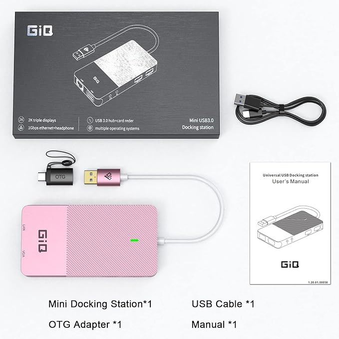 USB Docking Station GIQ USB C hub USB 3.0 to Dual HDMI VGA Adapter Triple Display USB C Laptop Docking Station Dual Display Compatible for MacBook M1 USB Dock-Rose Gold