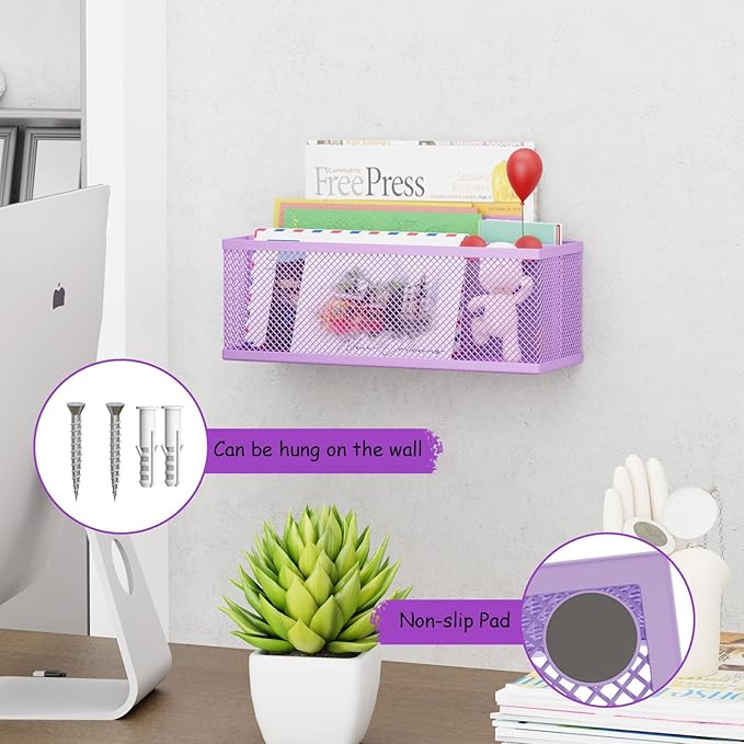 Mail Holder Countertop, Mail Organizer with 2 Slots, Mail Basket Wall Mounted Desktop Mail Sorter Letter Holder Box Envelope Organizer for Home Office, Purple