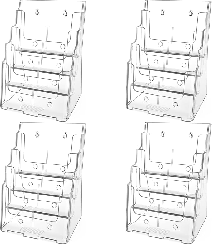 MaxGear Acrylic Brochure Holder 8.5 x 11 inch, 4 Tier Clear Literature Organizer Magazine Stand Display with Removable Divider for 4 x 9 inch Brochures, Pamphlet, Wall Mount or Countertop, 4 Pack