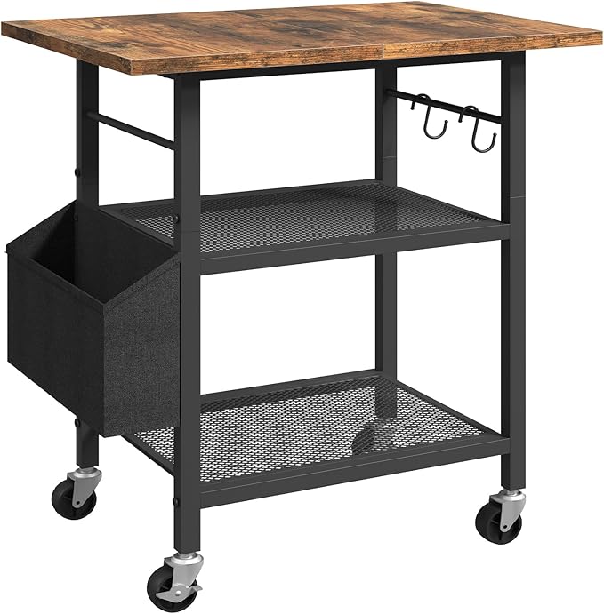 MAHANCRIS 3-Tier Printer Stand, Rolling Printer Table on Wheels, Industrial Storage Stand with Side Pocket, Wooden Tabletop, 2 S-Shaped Hooks, for Home Office, Rustic Brown and Black PTHR2501
