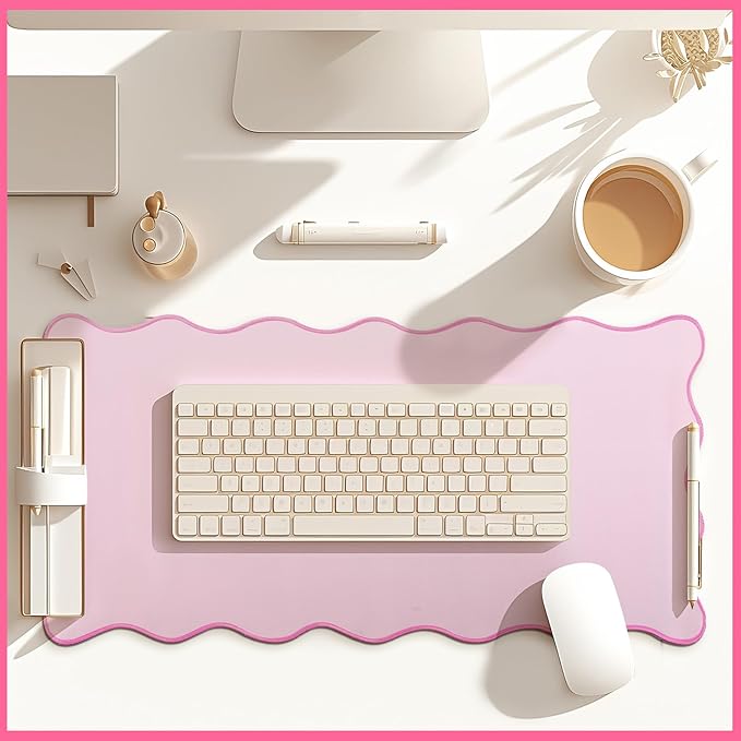 Hahafelt Scalloped Desk Mat Large Scalloped Piping Cute Desk Mat Aesthetic Preppy Table Pad Large Nonslip Pad with Edge Stitching Waterproof Gaming(Pink,23.6 x 13.8 Inches)