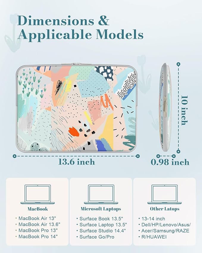 iCasso Laptop Sleeve 13 inch for MacBook Air 13-13.6 inch, Cute Laptop case for MacBook Pro 13 inch 14 inch, Slim Protective Travel Carrying Case Sleeve for 14 inch Chromebook, HP, Del，Pastel Abstract