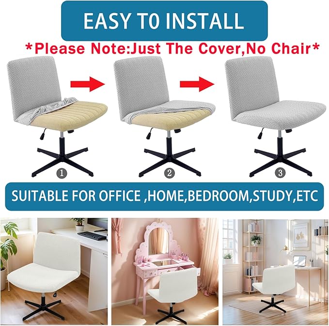 Vanity Chair Cover Criss Cross Chair Cover Waterproof and Elastic Armless Chair Slipcover Armless Chair Covers Office Chair Covers (White,Just The Cover,No Chair)