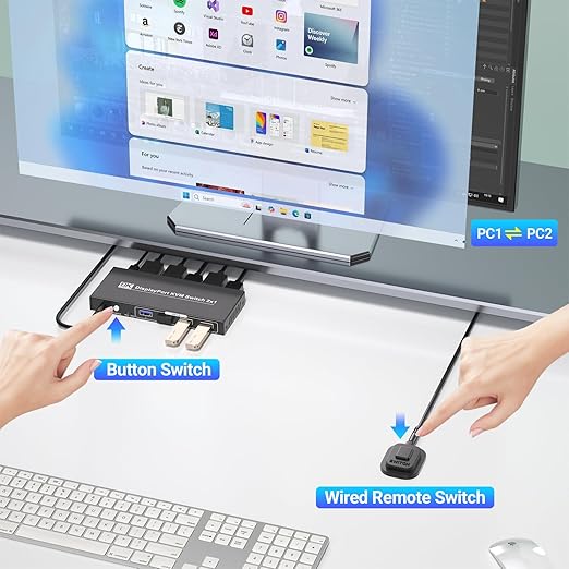 Displayport KVM Switch 1 Monitor 2 Computers, 8K@60Hz 4K@120Hz 2 Port DP KVM Switch with 4 Port USB 3.0 Hub for 2 Computers Share 1 Set of Keyboard, Mouse and 1 Monitor