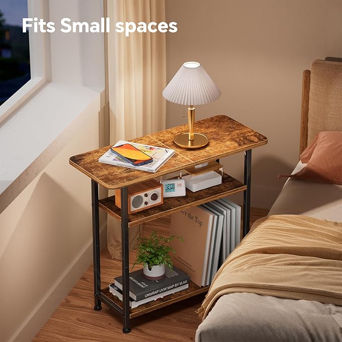 Simple Trending Narrow Side Table, 3-Tier End Table with Wide Storage Tabletop, Nightstand for Bedroom Living Room, Rustic Brown