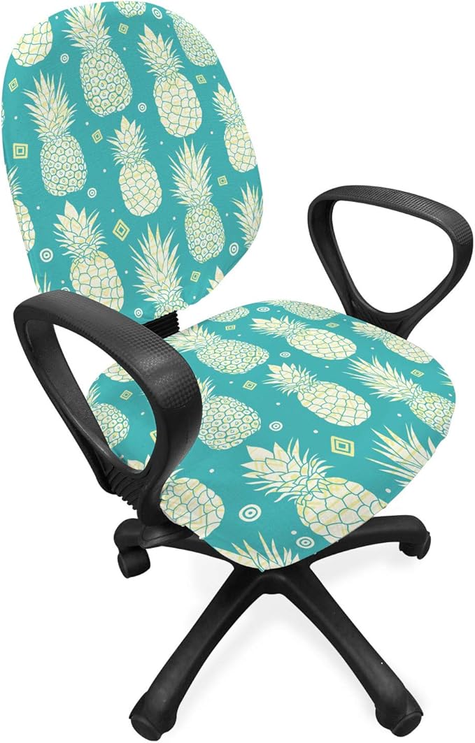 Ambesonne Pineapple Office Chair Slipcover, Abstract Summer Pattern with Exotic Fruit and Minimal Ornaments, Protective Stretch Decorative Fabric Cover, Standard Size, Yellow Turquoise