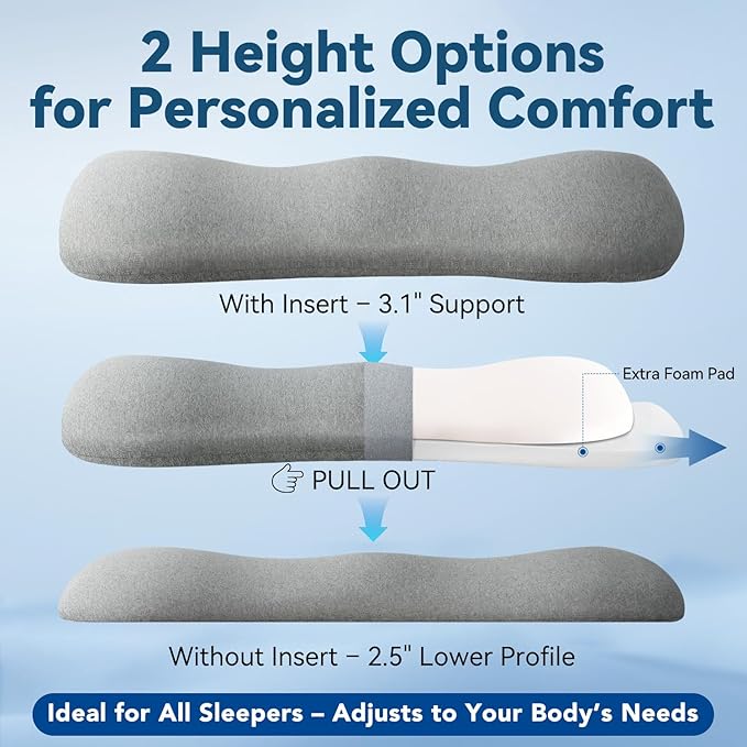 Adjustable Height Lumbar Support Pillow for Sleeping, Ergonomic Contour Lower Back Pillow for Bed with Breathable Washable Cover, Spine Alignment & Sleep Comfort, Grey