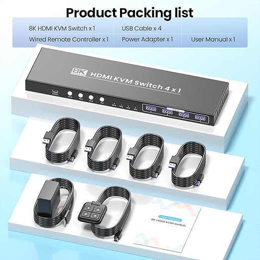 4 Port HDMI KVM Switch 1 Monitor 4 Computers, 8K60Hz 4K120Hz USB 3.0 KVM Switch, Control 4 PCs with 1 Monitor, Keyboard and Mouse
