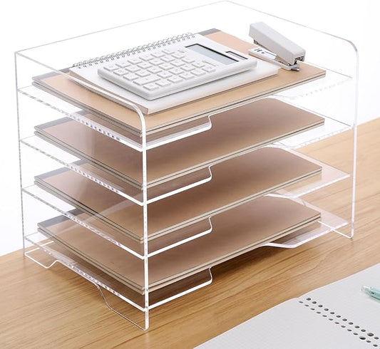 HeZone Acrylic Desk Organizer, 4 Tier Paper Tray, Clear Letter Tray, Office Accessories
