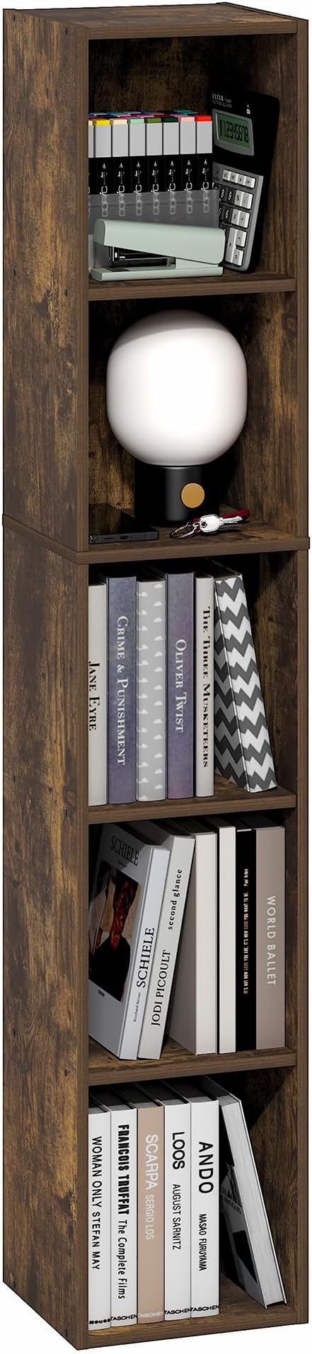 Furinno Fulda Book Shelf, 5-Tier Tall Narrow Bookshelf, Standing Bookcase with 10-in Width Storage Shelf, 9.3 x 9.8 x 51.9, for Organization Storage, for Living Room, Bedroom, Home Office, Amber Pine
