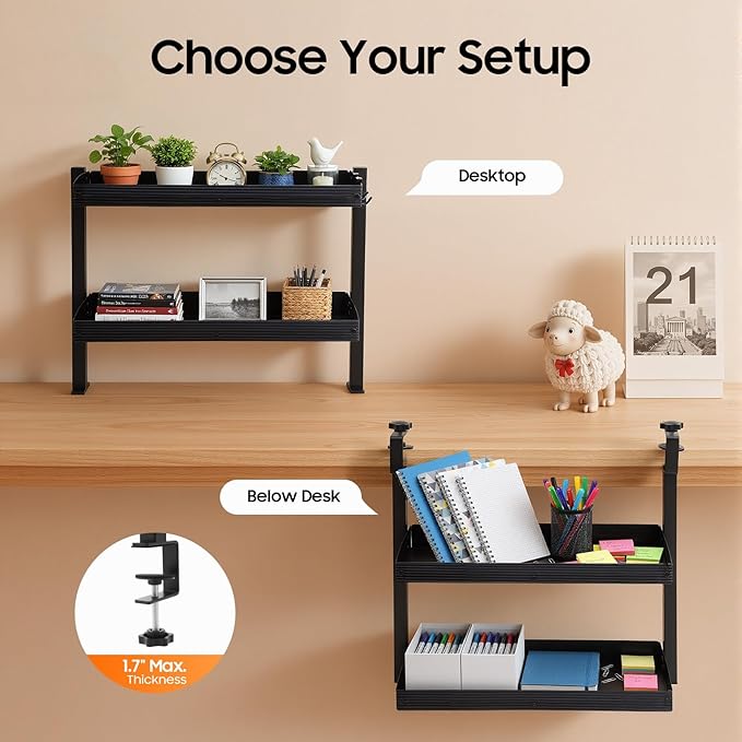 Clamp on Desk Shelf 2 Tier Office Desks Shelves Organizer Tabletop Book Storage Rack Plastic Desktop Supplies Storage Rack Office Supplies Desk Accessories