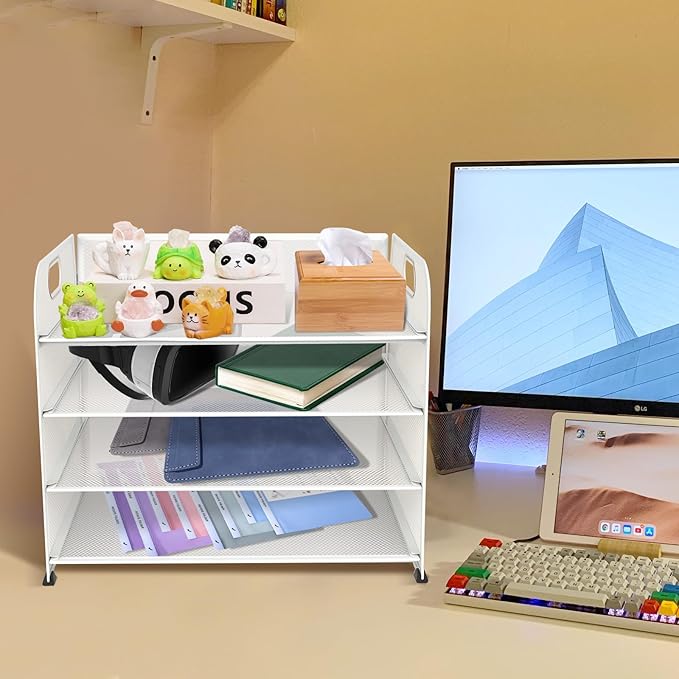 4-Tier Paper Letter Tray Organizer, Mesh Desk Accessories & Workspace Organizers with Handle, File Sorter Office Supplies for Desk,White