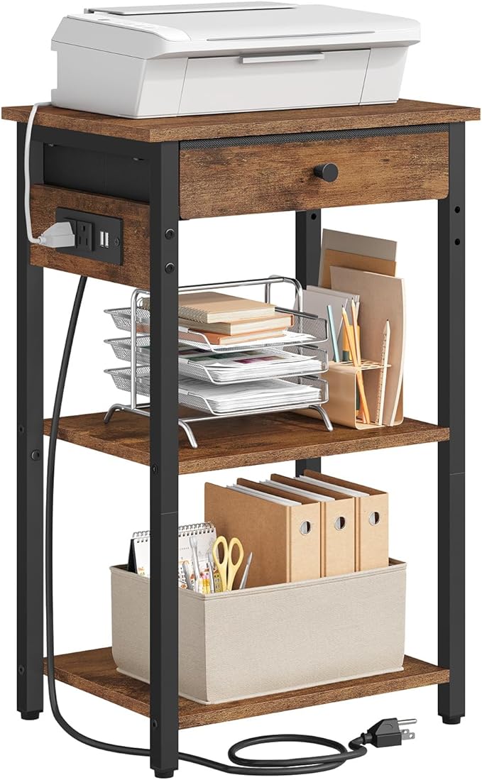 Gewudraw Printer Stand with Charging Station, 3-Tier Under Desk Printer Table, End Table with Storage Shelves for Home Office, Living Room,Bedroom,Bathroom,Brown