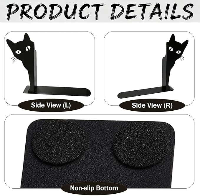 Peekaboo Cat Bookends, Cute Black Metal Decorative Book Ends for Shelves, Heavy Duty Rustproof Book Stoppers for Home Office Study Desk, for Cat Lovers Book Lovers