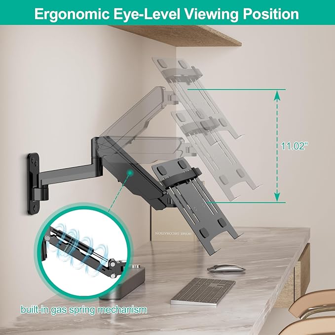 UPGRAVITY Laptop Wall Mount, 2-in-1 Gas Spring Wall Holder with Vented Tray for 12"-17" Notebook/13-32 Computer Screen, Full Motion Adjustable Wall Mount Laptop Stand Holds 3.3-17.6lbs