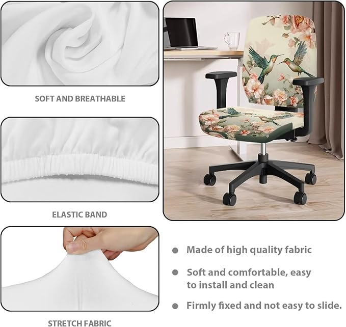 Hummingbird Flower Office Chair Covers Stretchable Computer Office Chair Seat Cover Removable Desk Accessories Floral Print Chair Slipcover Protector Universal Rotating Desk Chair Covers