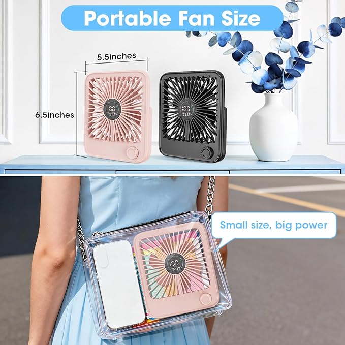 Ouddy Mode 2 Pack Small Desk Fan, Rechargeable Quiet Portable Travel Fan with 100 Wind Speeds Digital Display Black and Pink Personal Fans for Office Bedroom Home Outdoor
